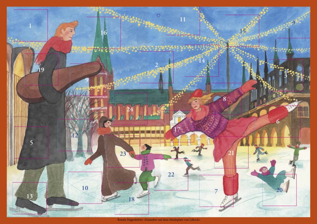 Adventskalender 2019, Motiv von Renate Hagenkötter „Eiszauber auf dem Marktplatz von Lübeck“